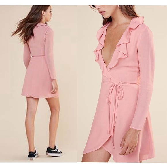 REFORMATION Crepe Ruffle V-Neck Long Sleeve Wrap Tie Waist Fit & Flare Dress XS - Picture 2 of 7